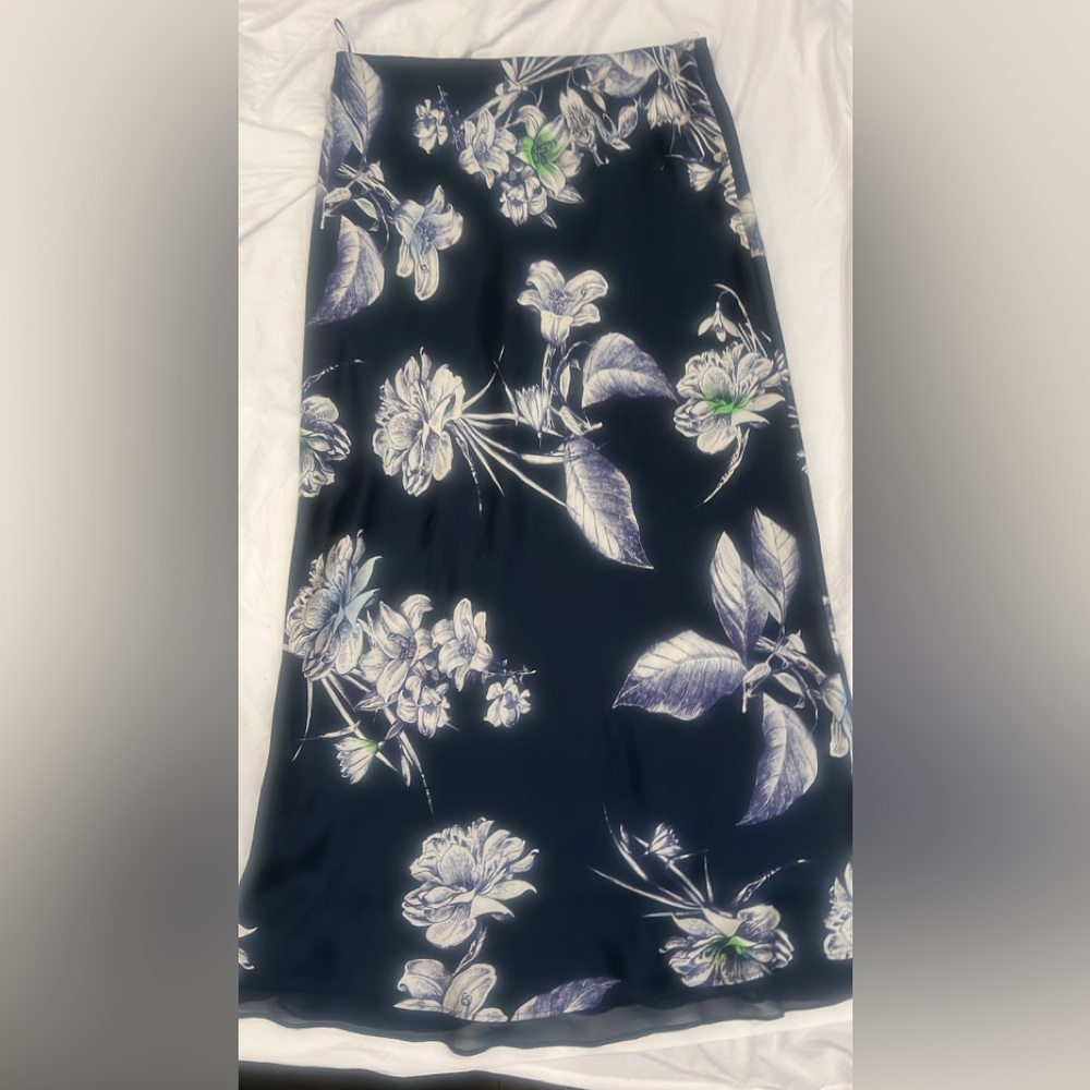 Zara Black Floral Midi Skirt with White and Green Accents